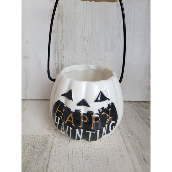White pumpkin Happy Haunting Halloween ceramic bucket - Picture 2 of 6